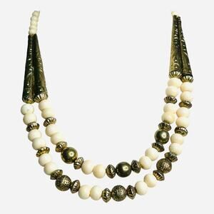 Vintage Cream Beaded Gold Tone Necklace Boho Hippie Style